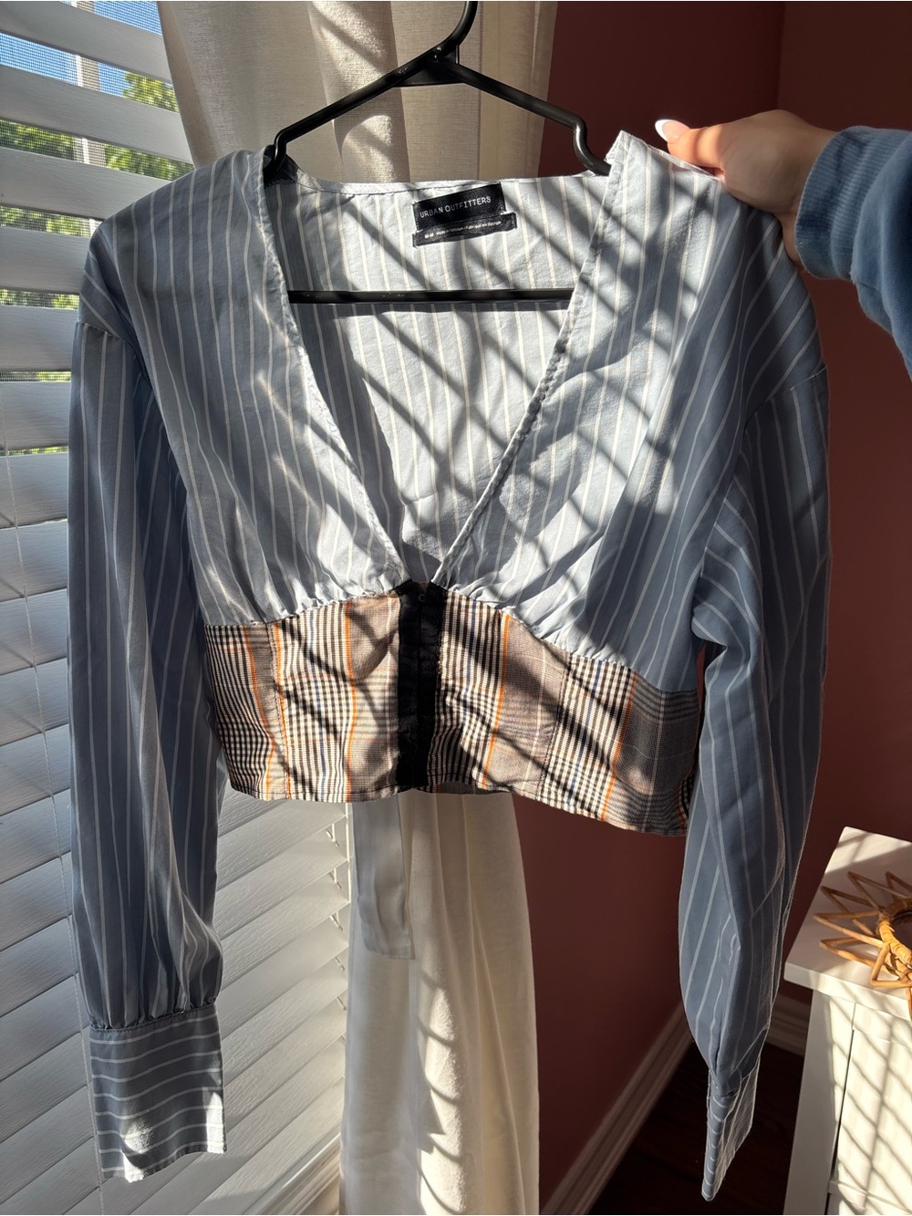Urban Outfitters Blue Pinstripe Cropped Blouse with Checked Band